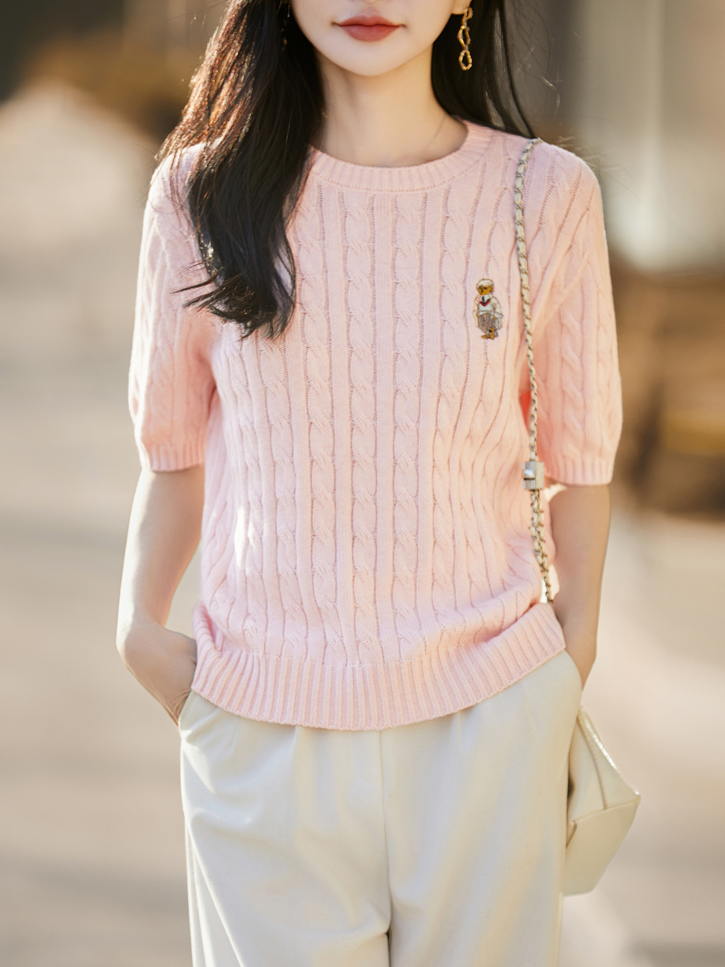 Cotton Thread Skin-Friendly Braided Embroidery Knit Shirt for Women, Short-Sleeved, Breathable, Slimming, Korean-Style Versatile T-Shirt Top for Spring and Summer