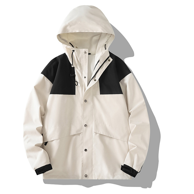 Mountain-Style Outdoor Functional Color-Blocked Hooded Windbreaker Jacket, Loose Fit Men's Casual Hiking Windproof Couple's Outerwear