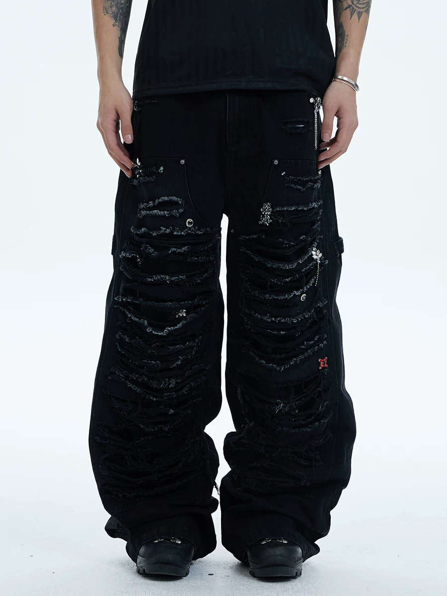Dnd4Des Chen Sihan's Same Design, Heavy-Duty Washed Distressed Baggy Jeans, Gemstone Lumberjack Pants