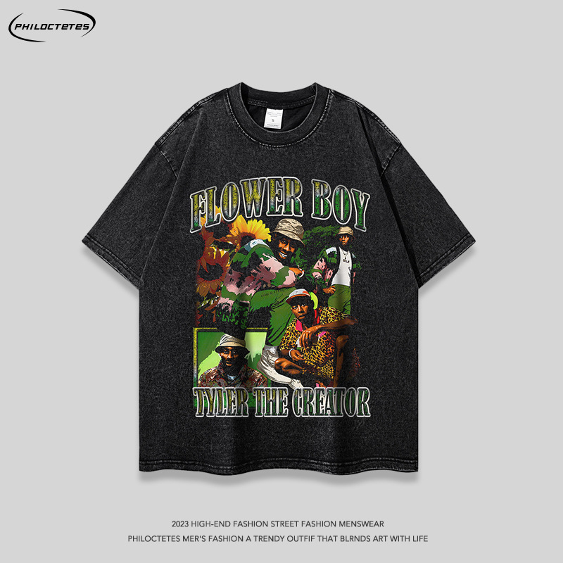 Fashion brand American retro short-sleeved T washed distressed vintage heavy T-shirt men's hip hop rap printed long-sleeved T-shirt