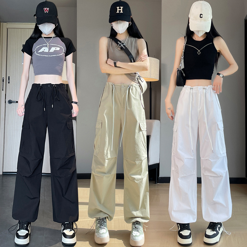 Ice Silk Crock Pants Women's Summer New Thin Quick-drying Sunscreen Sports Pants High Waist American Parachute Wide-leg Pants