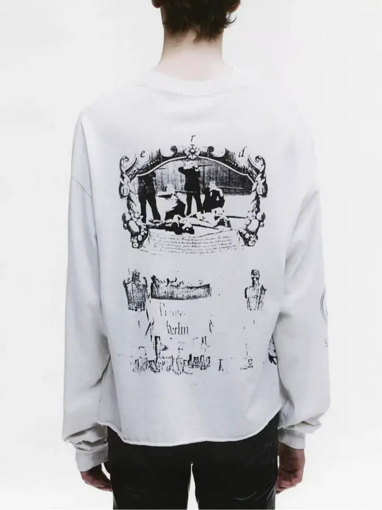 【Same Style as Somi】Erd25Fw Melancholic Rich Second-Generation Heir Napoleon Faded White Round-Neck Printed Rolled-Edge Long Sleeves