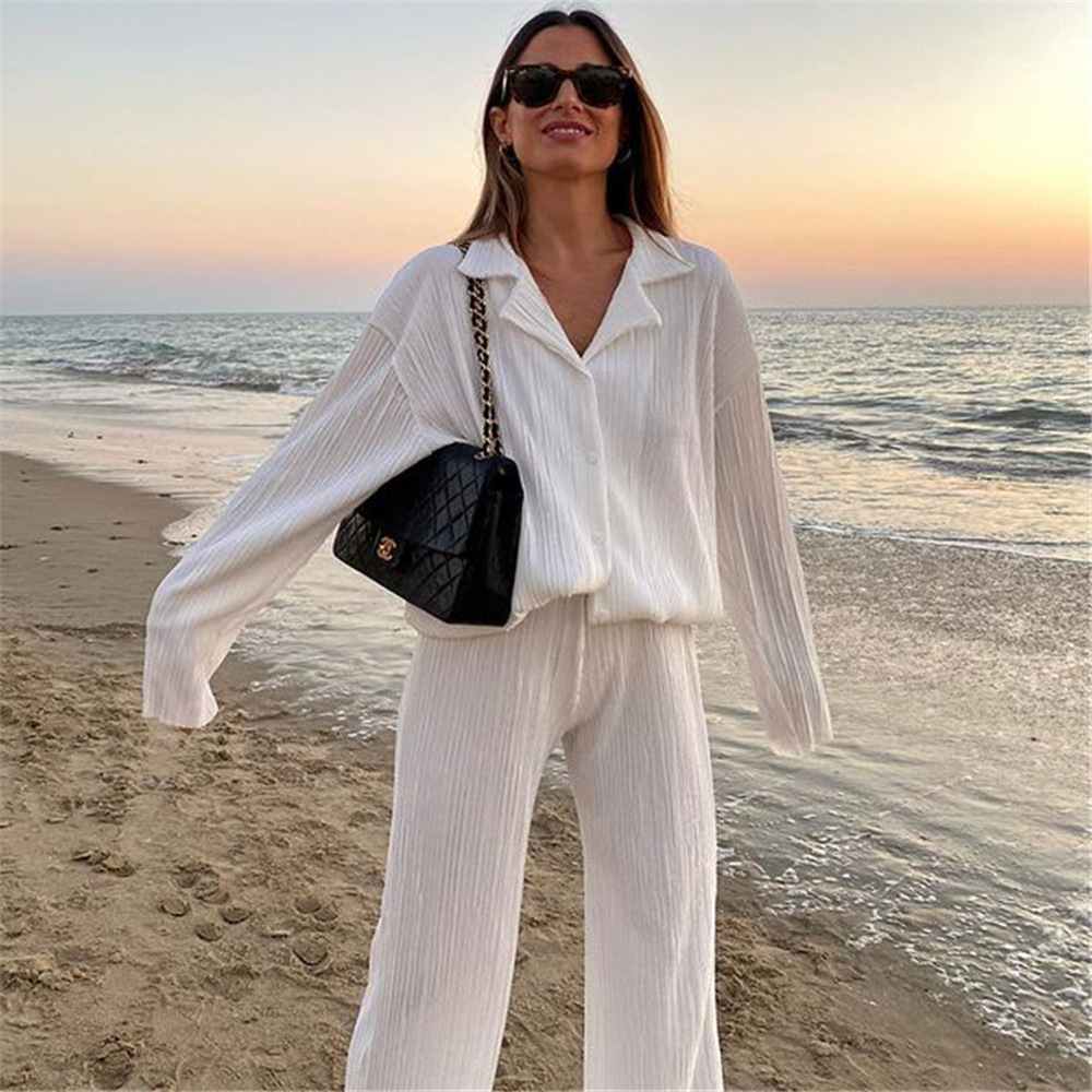 2026 Spring New European and American Fashion Pleated Design Shirt Set Straight-Leg Pants Loose Drape Two-Piece Set for Women