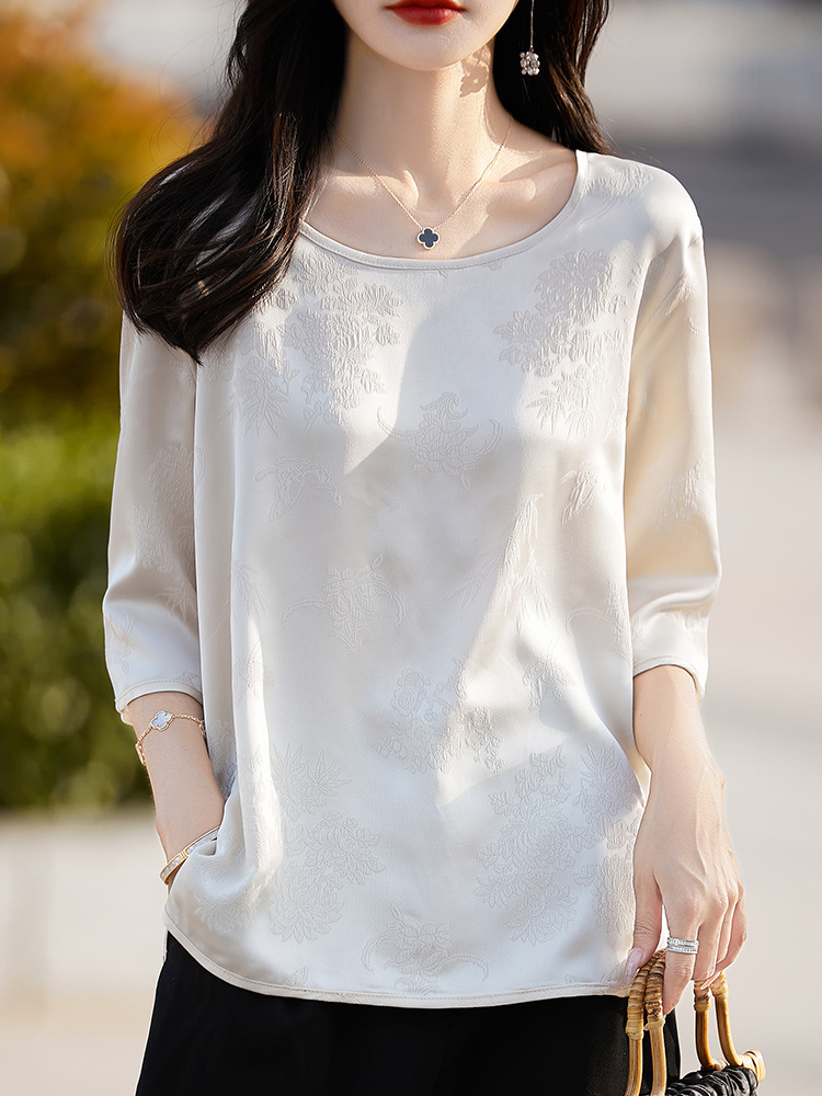Summer New Vintage Jacquard Silk Short-sleeved T-shirt Women's High-end Silk Satin Printed Seven-sleeved Shirt