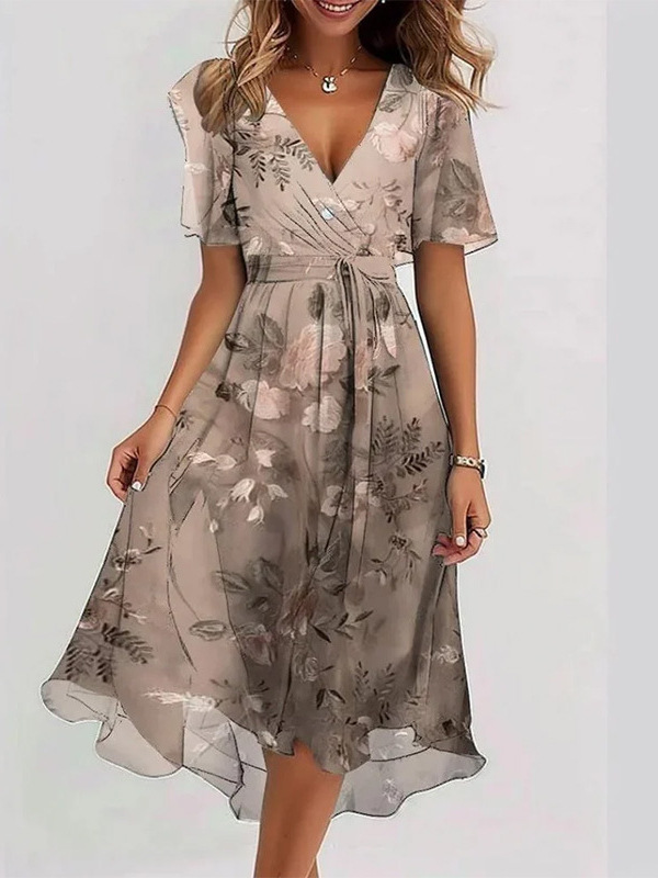 2025 New Summer Cross-Border European and American Loose Casual Shuya V Neck Floral New Hot-Selling Printed Dress.