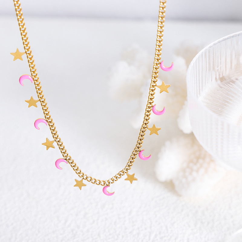 Small fresh girl sweet natural star moon clavicle bracelet necklace titanium steel girl jewelry suit