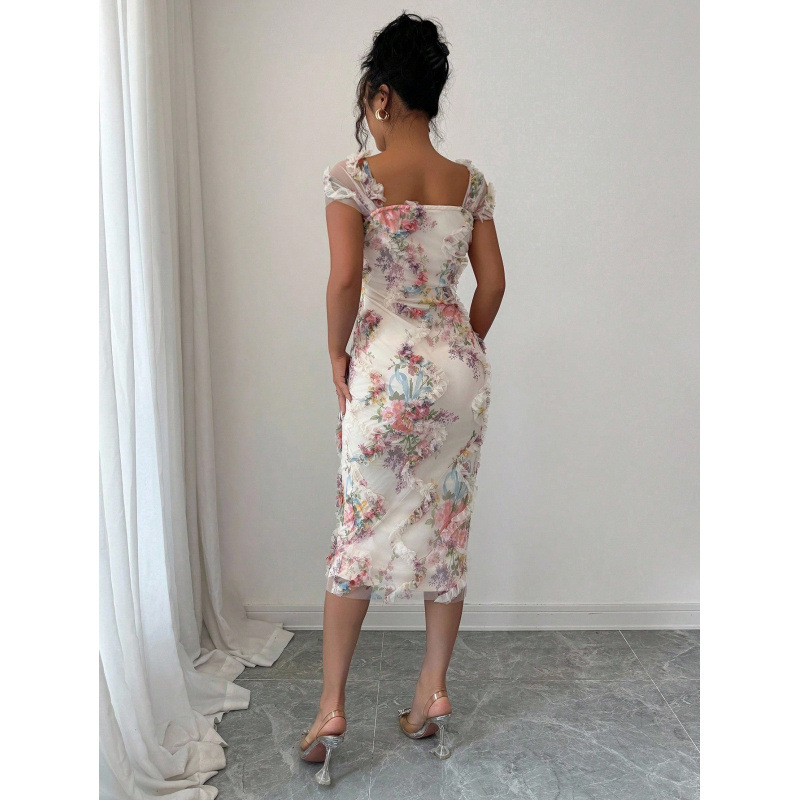 Ladies' Elegant Romantic Mesh Floral Print Pleated Decorated Midi Dress Suitable for Wedding/Party/Dating
