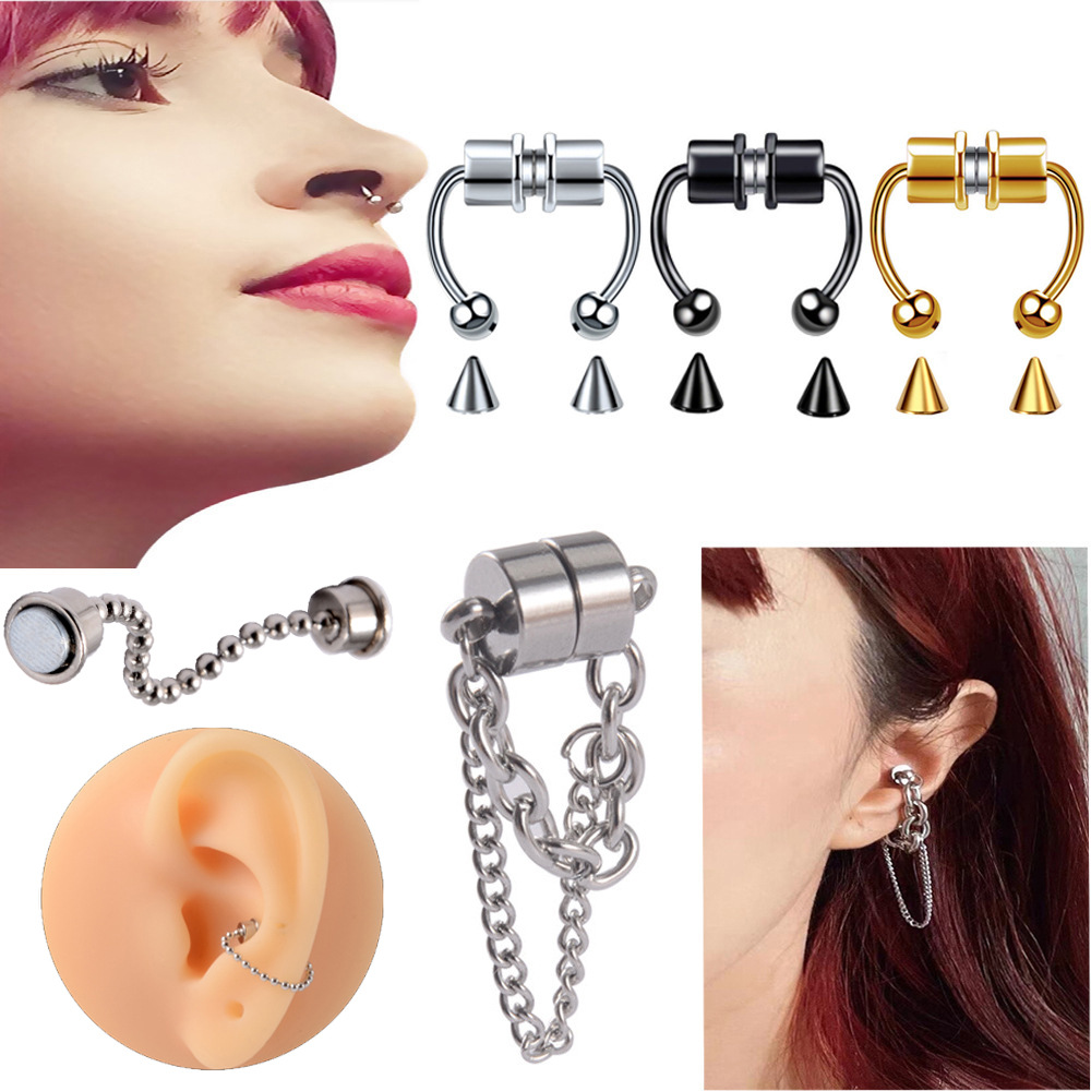 Cross-Border Stainless Steel Magnet Nose Ring Round Ball Conical Ball Nose Ring Non-Hole Chain Magnetic Nose Nail Piercing Earrings