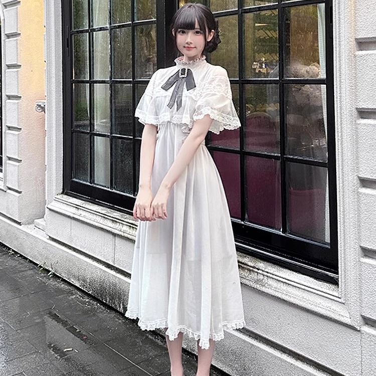 Japanese-Style Short-Sleeve Women's Cape Dress with Mesh, Large Bow, Lace Trim, and Elegant Patchwork Long Dress