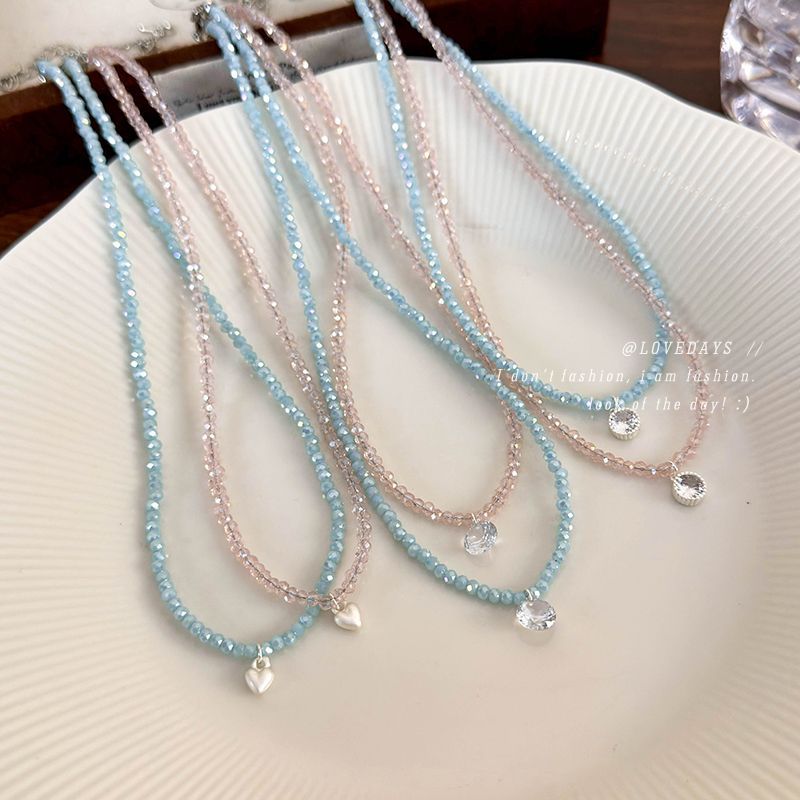 Gentle White Summer Crystal Beaded Zircon Love Necklace Simple All-match Necklace Cute Girl's Clavicle Chain for Women