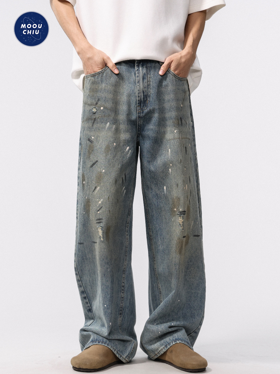 Muqiu Men's Wear ∠ American High Street Retro Splash Ink Jeans Men's vibe Old Dirty Washed Wide Leg Pants