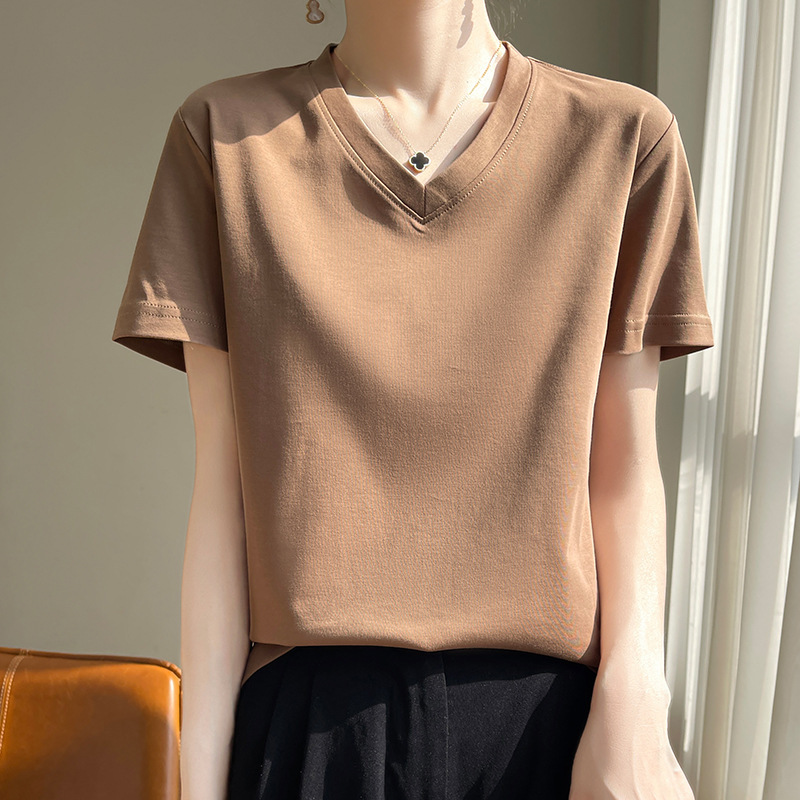High quality impervious mercerized cotton short sleeve T-shirt women's V-neck casual loose all-match sweat-absorbent breathable bottoming top vest
