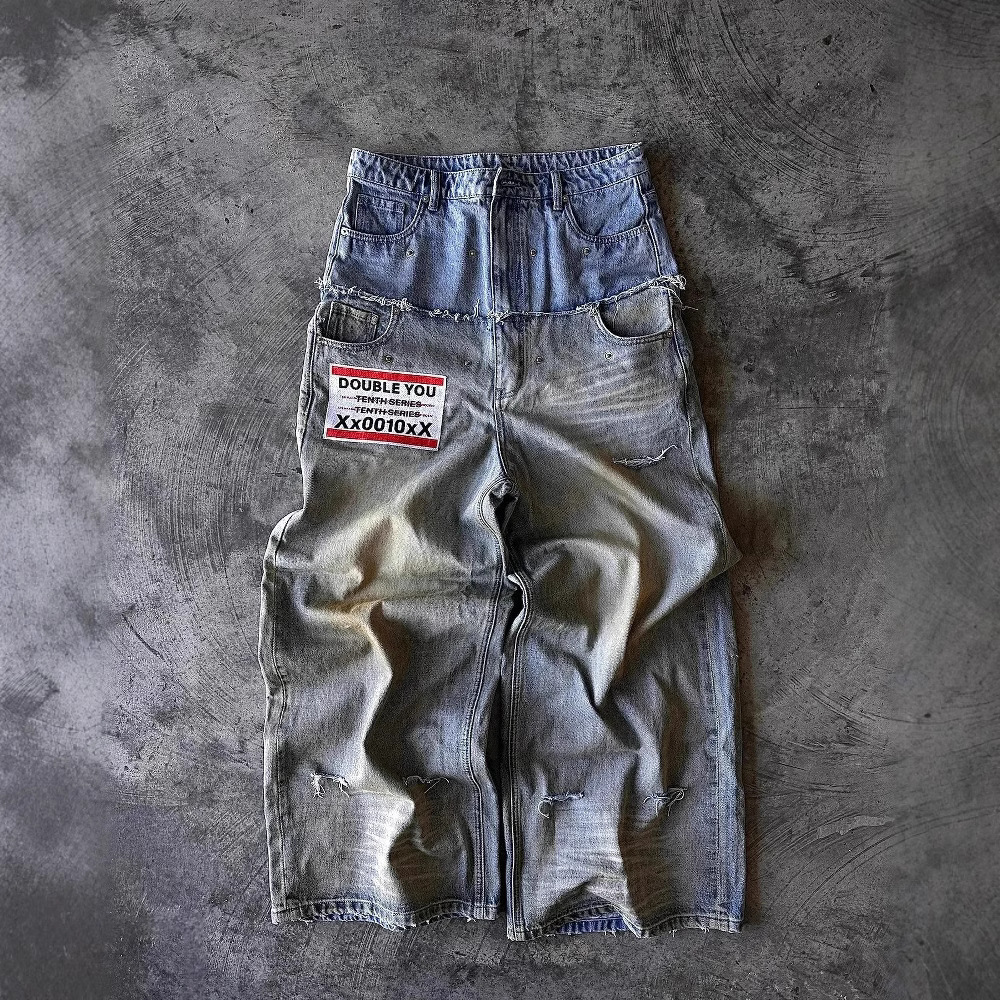 Cross Border Street Hip Hop Alphabet Jeans Men's Y2K Gothic Punk Harajuku Ripped Wide Leg Pants Vintage Loose