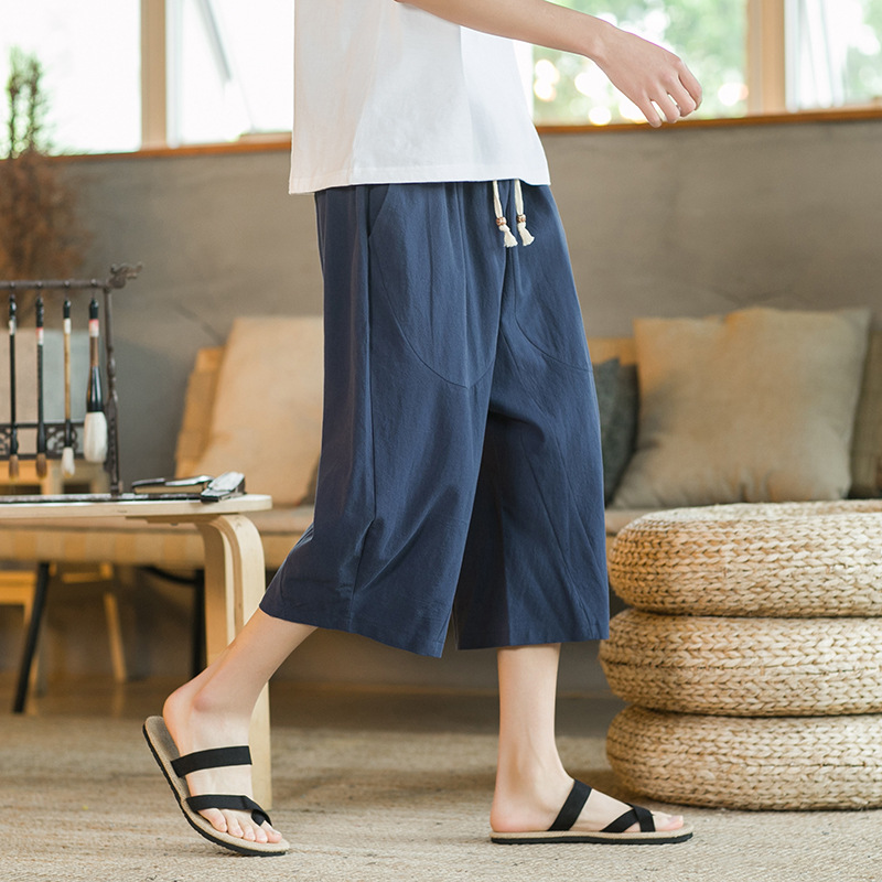 Summer Capri Pants Men's Thin Linen Casual Pants Chinese Style Loose Large Size Straight Pants Cotton and Linen Beach Shorts Trendy