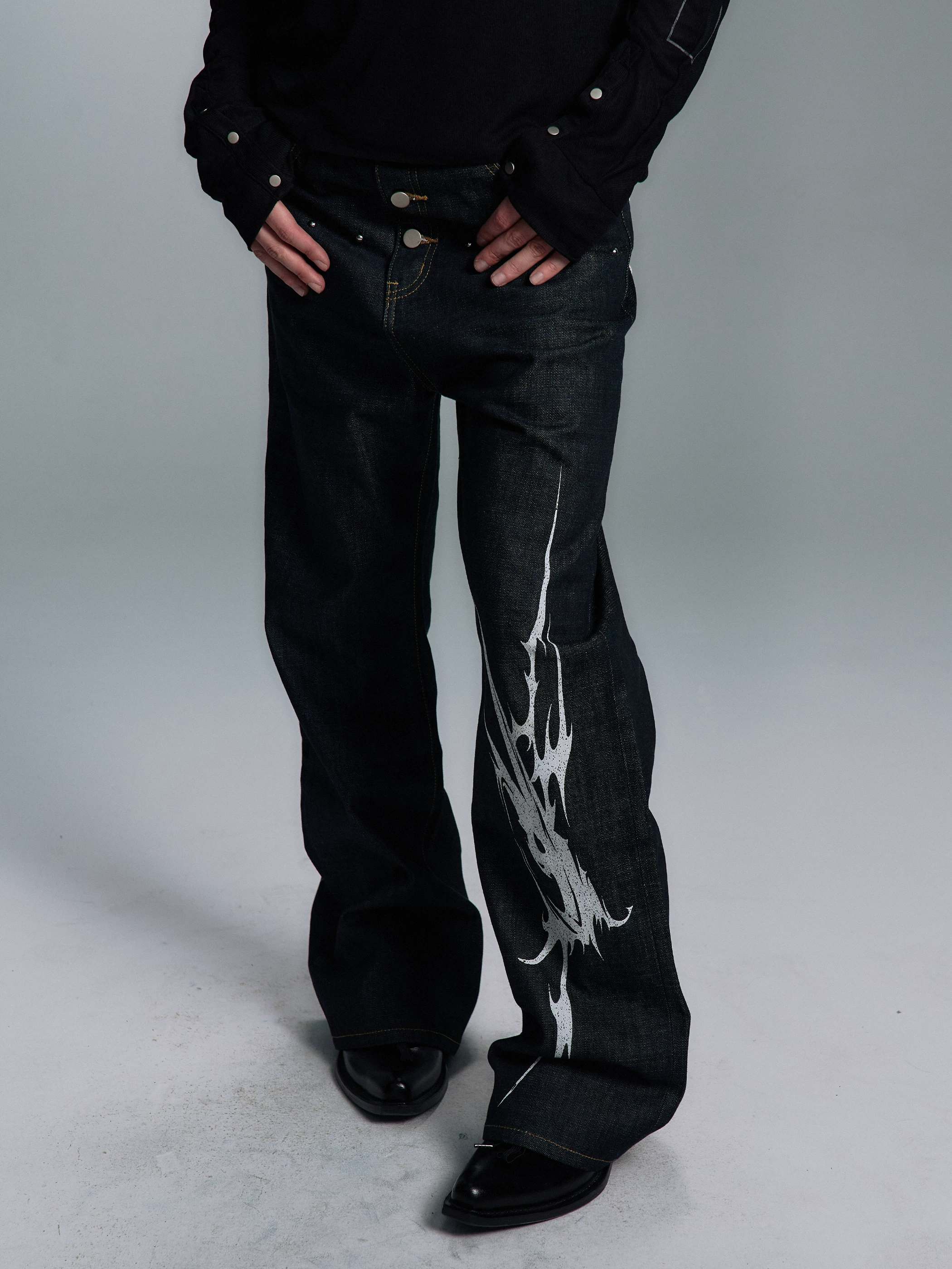 Paiki'Victory Goddess Horn' Thorn Totem Original Cow Red Ear Ganshan Jeans Versatile Pants for Men and Women