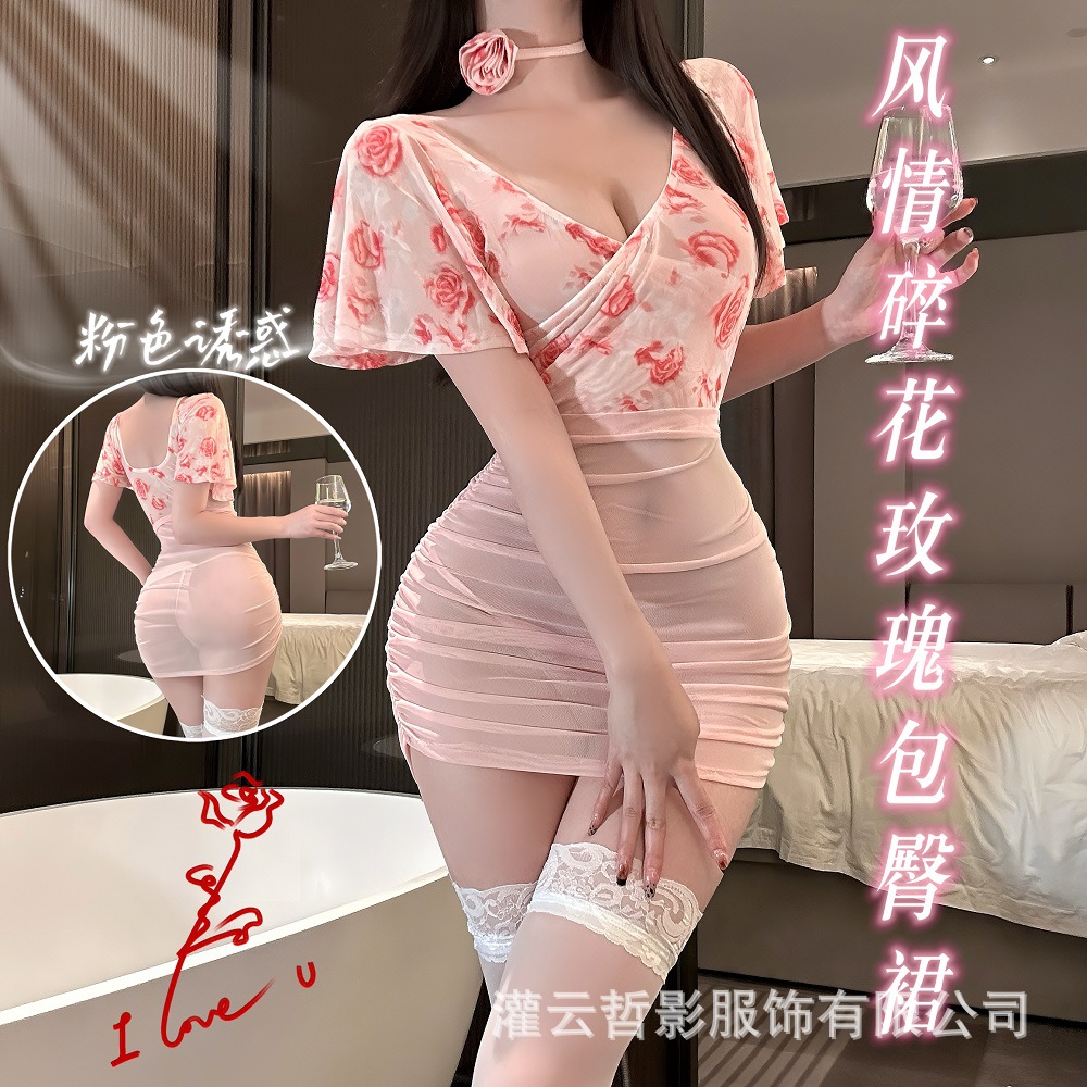 Zheyin Plus-Size Lace Floral Lingerie Sexy V-Neck Tight-Fitting Printed See-Through Bodycon Dress Sweet Outfit for Hot Girls