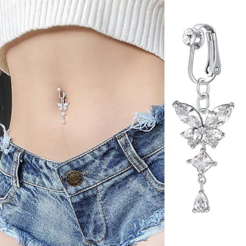 Luochen Amazon's Best-Selling Punch-Free Butterfly Navel Ring Without Hole Navel Nail Inlaid with Diamond Body Piercing Navel Button