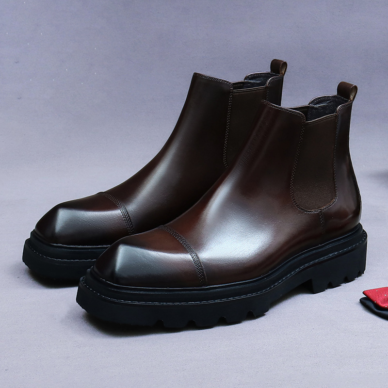 Triple Connector Chelsea Boots Men's Thick-soled Genuine Leather Ankle Shoes Soft Leather Retro Mid-top Ankle Boots British Casual Martin Boots