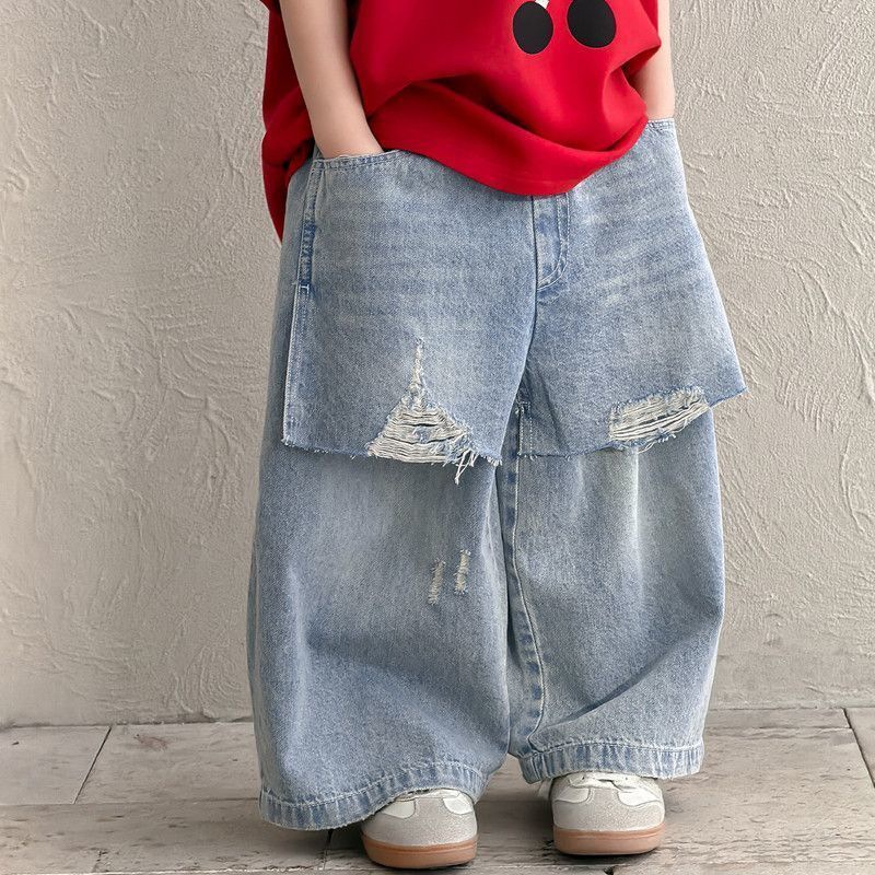 Spring and Autumn Children's Denim Pants for Boys and Girls, Stylish and Trendy Korean-Style Ripped Wide-Leg Pants for Kids