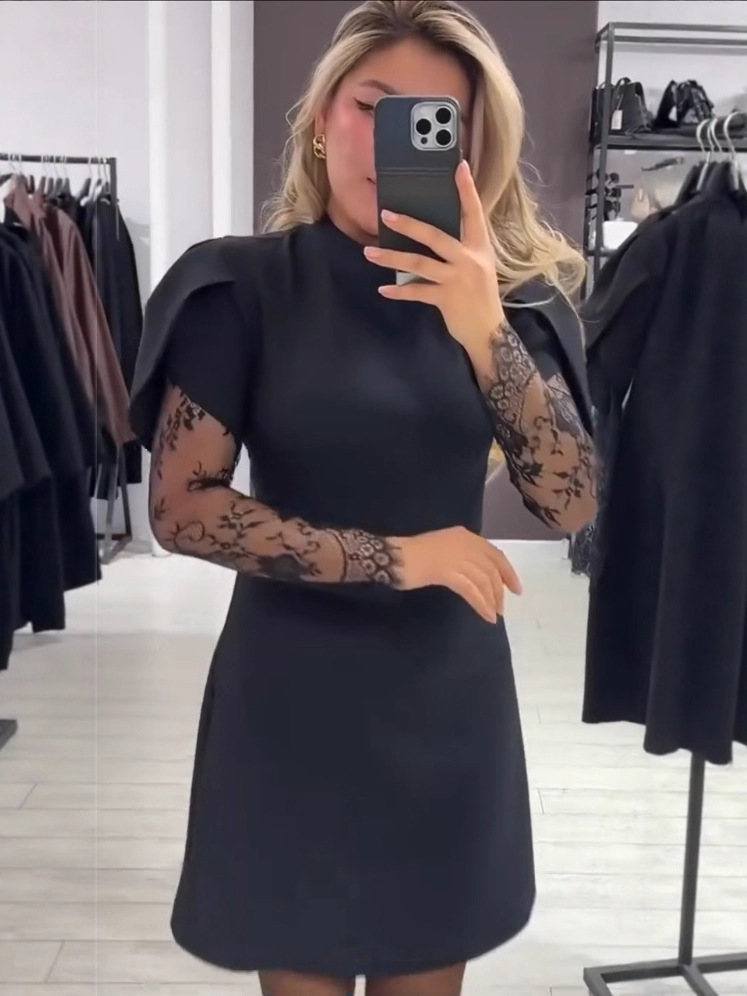 2025 European and American Cross-Border New Fashion Stylish Lace Patchwork Sexy and Elegant Solid Color Women's Dress for Work