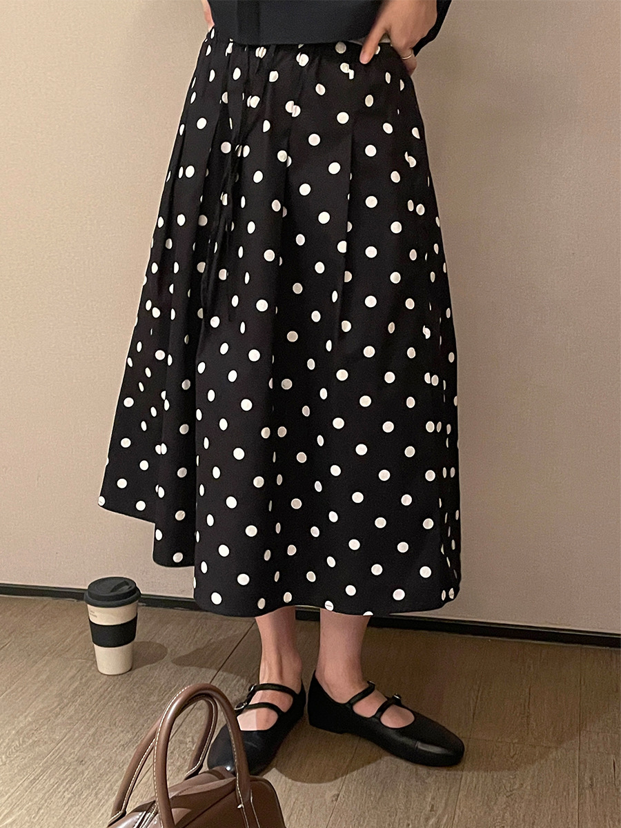 Sutomi French-Style Elegant Retro Black and White Polka Dot Pure Cotton Skirt for Women, A-Line Mid-Length Skirt