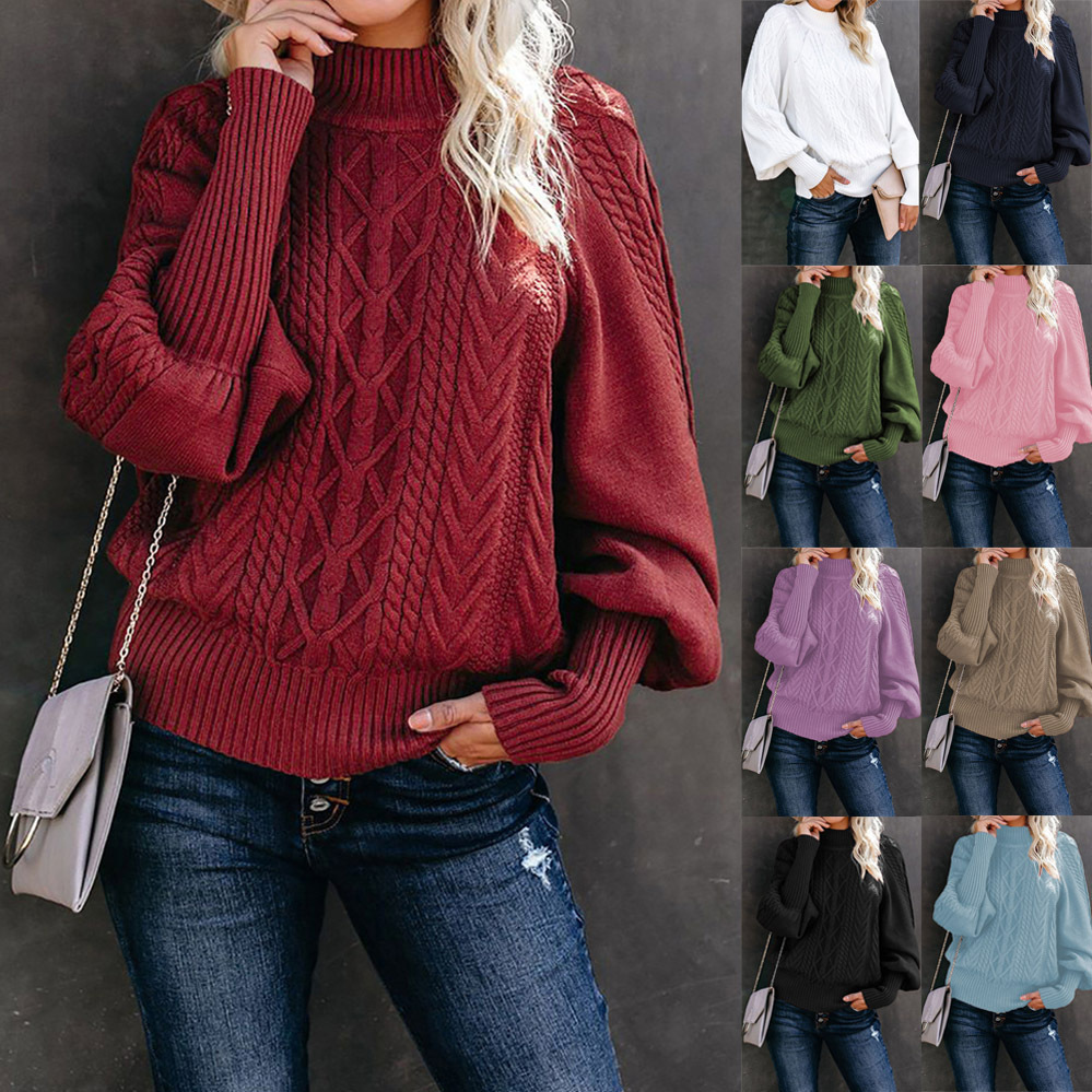 Amazon Wish2024 New Winter Mid-Collar Sweater for Women Amazon Loose Long-Sleeved Knitted Pure Color Sweater for Women