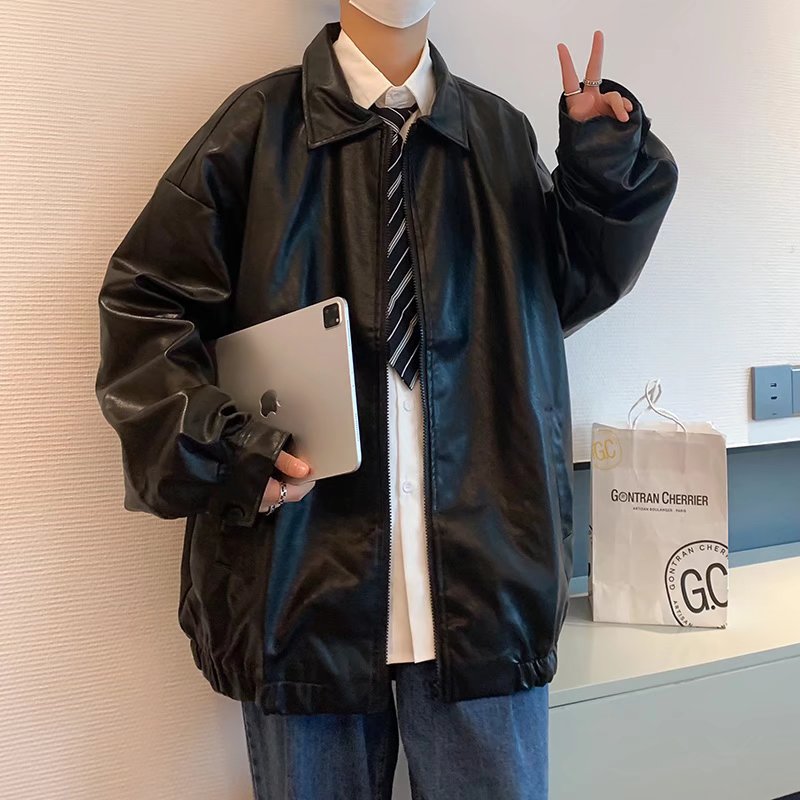 Korean style trendy loose leather jacket men's motorcycle clothing student pilot leather jacket spring and autumn Ruan handsome top