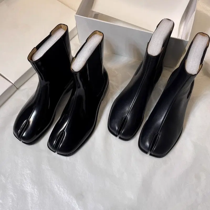 Pig's Foot Shoes Men's Flats Tabi Split-Toe Shoes Pig's Trotters Open-Edge Beads Genuine Leather Ninja High-Top Horseshoe Chelsea Short Boots