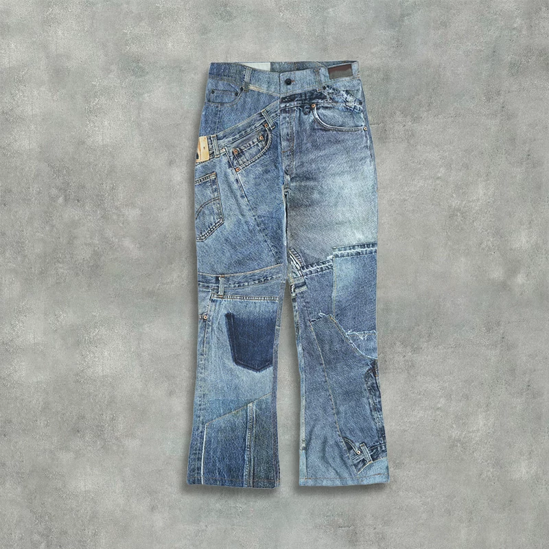 What Floor Are You On? Drop1 Vintage Rework Retro Deconstructed Patchwork Flared Silhouette Jeans