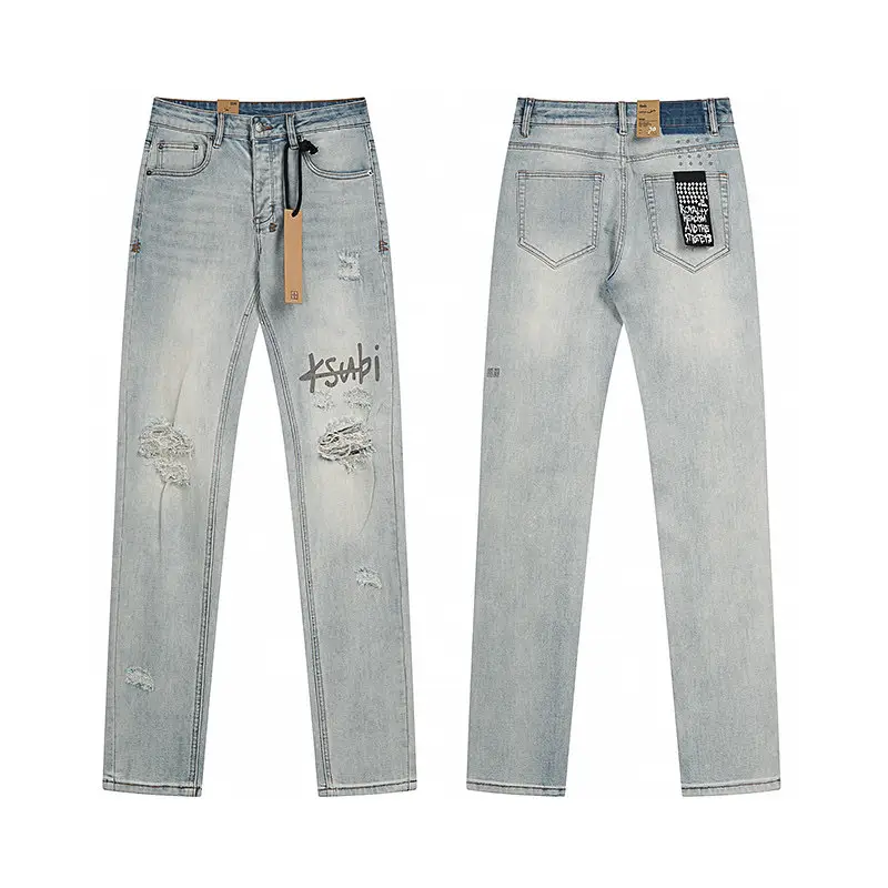 Cross-Border Trendy Ksubi Ripped Jeans for Men and Women, Slim Fit Skinny Pants, Fashionable Casual Black Long Pants American Style