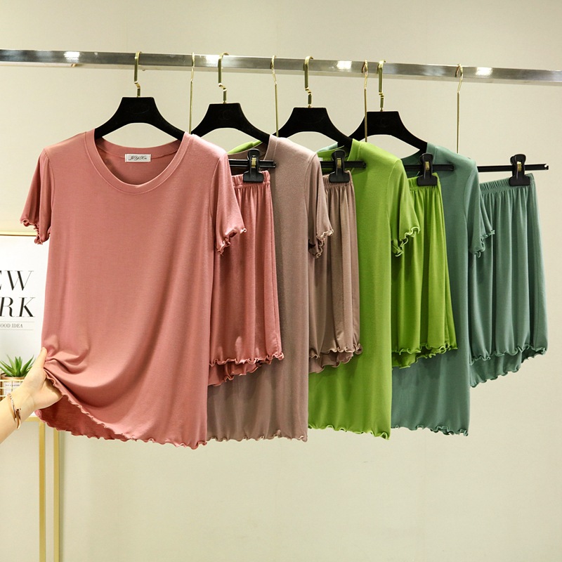 Summer new modal flying short-sleeved T-shirt women's solid color home leisure suit flying high waist shorts two-piece set