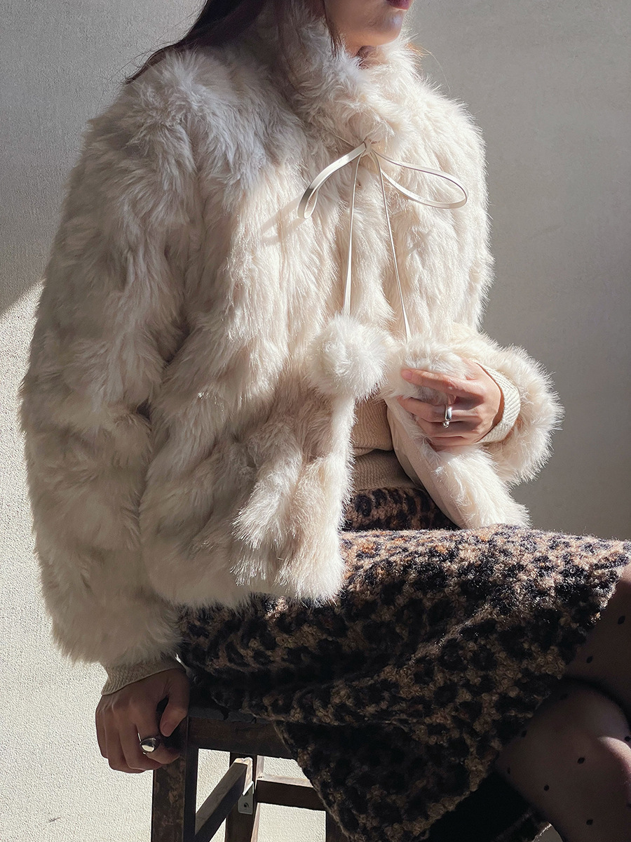 【Warm Fleece Story】Geming Fur Ball Lace-Up Short Jacket for Women, New Winter White Duck down Jacket N0020D