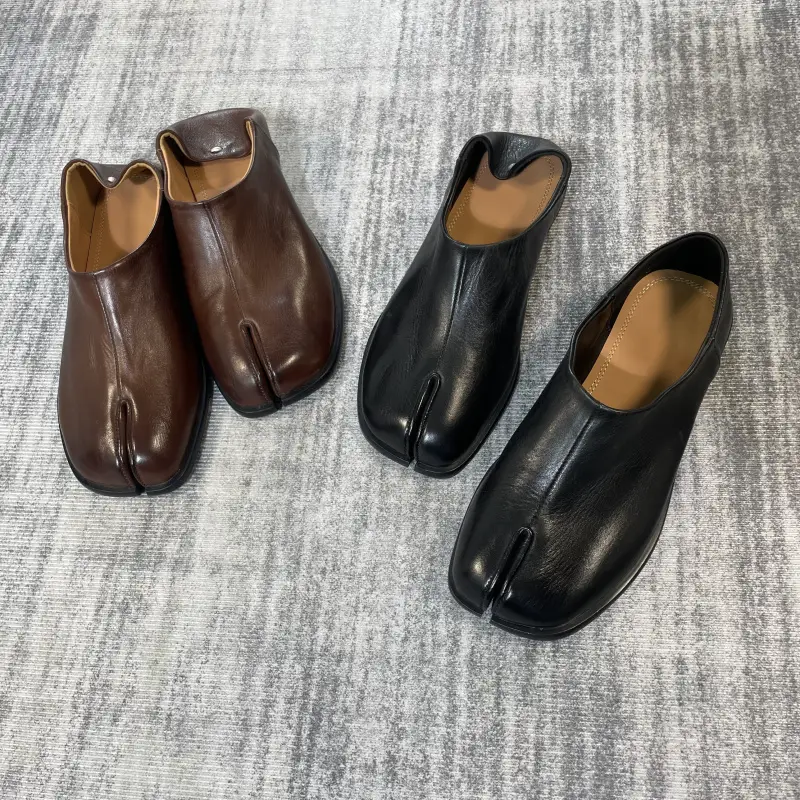 Washed Soft Horsehide Pig Trotter Shoes Distressed Deep Tabi Split-Toe Shoes Flats Horse Hoof Pig Trotter Shoes Unisex Flats