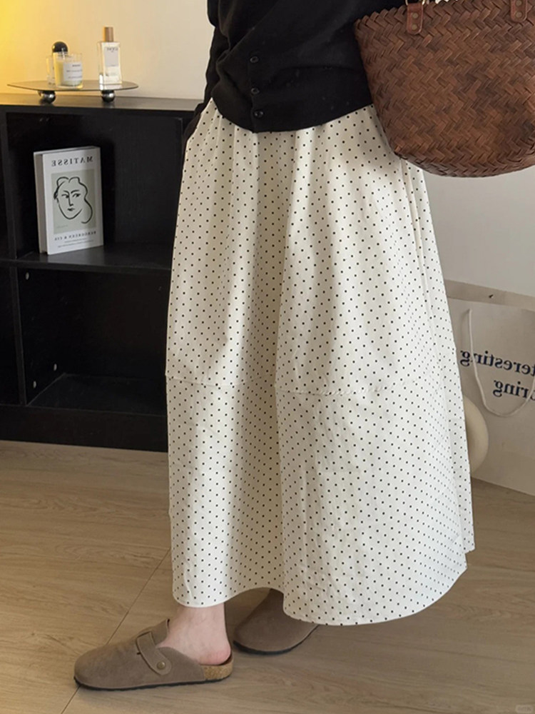 White Polka Dot Skirt for Women, Summer 2026 New Style, Slimming High-Waisted A-Line Skirt, Hip-Covering, Elegant Long Skirt