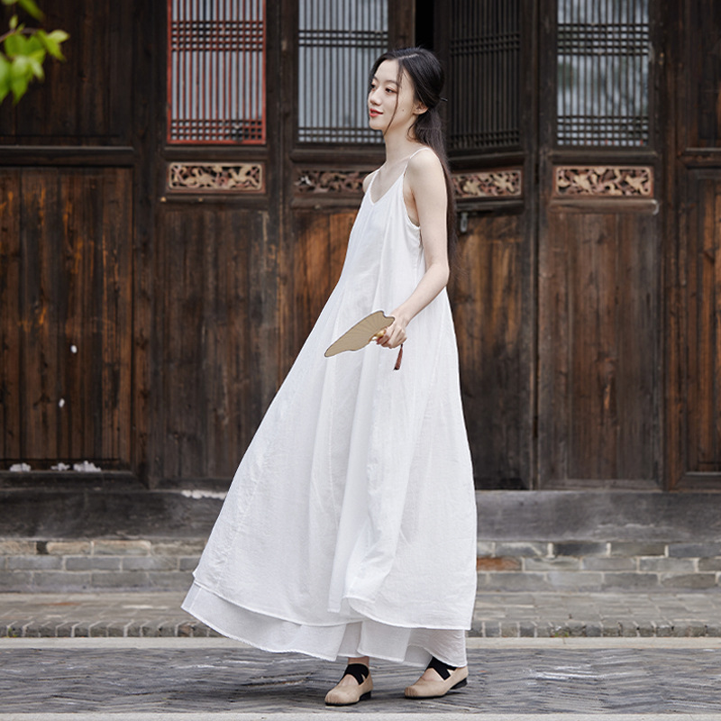 26 Summer Dark Style Remembrance Self-Made Double-Layered Flared Strap Dress with Willow Leaf Patchwork Slimming Dress for Travel Photography