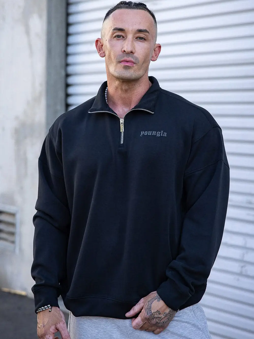 YOUNGLA Autumn and Winter New arrival Sweatshirt American Style Half Zip Lapel Loose Cotton Long sleeves Running Training Clothes Black