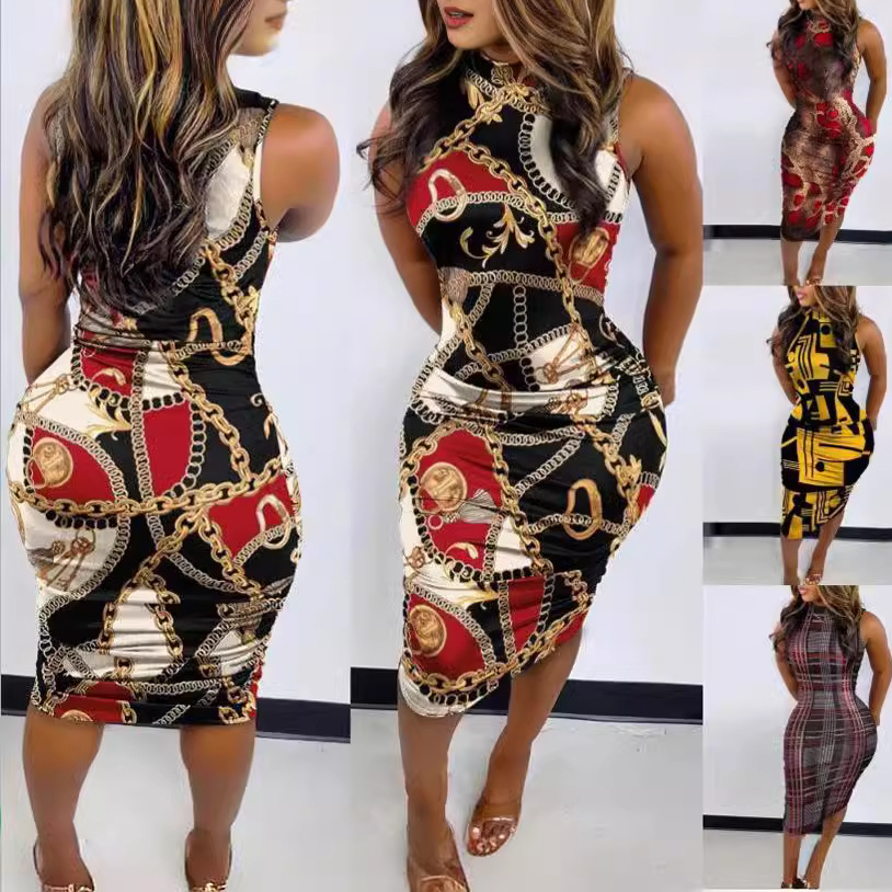Spring and summer European and American sleeveless printed dress cross-border 2022 new one-step dress round neck tight dress women's spot