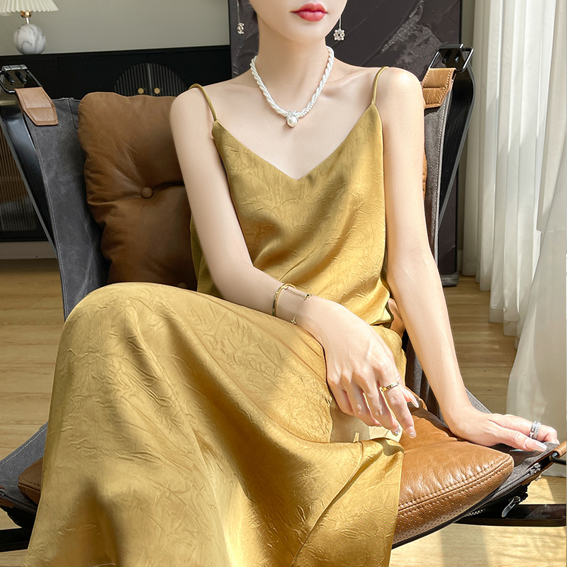 Acetic Acid Satin V-neck Hand-held Flower Slip Skirt Women's 2025 New Summer Loose Long Skirt Over-knee Slimming Trendy
