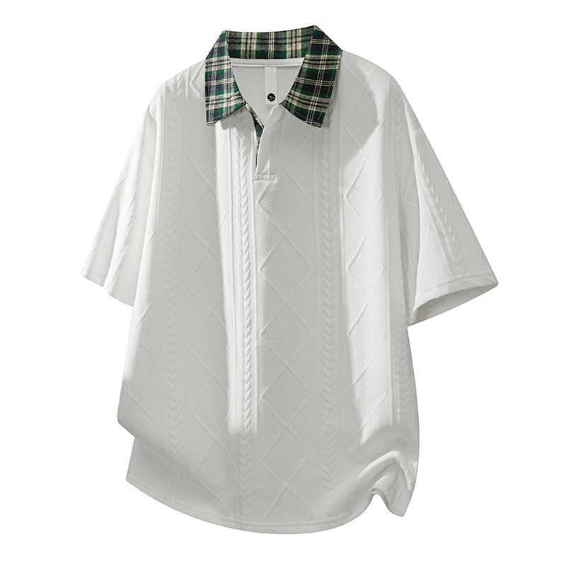Cross-Border Men's Summer Plaid Color-Block Collar Polo Shirt, Loose Retro Casual Short-Sleeve American Style Trendy Brand Turn-Down Collar Top