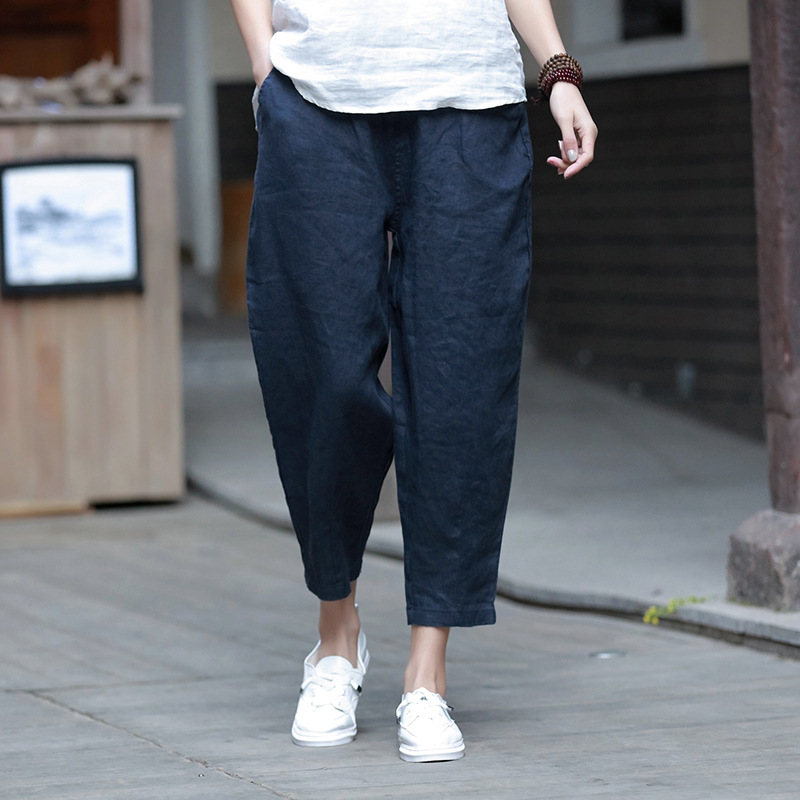 2026 Summer New Cotton and Linen Artistic Casual Cropped Pants for Women, Loose Linen Harem Pants with Elastic Waist Carrot Pants