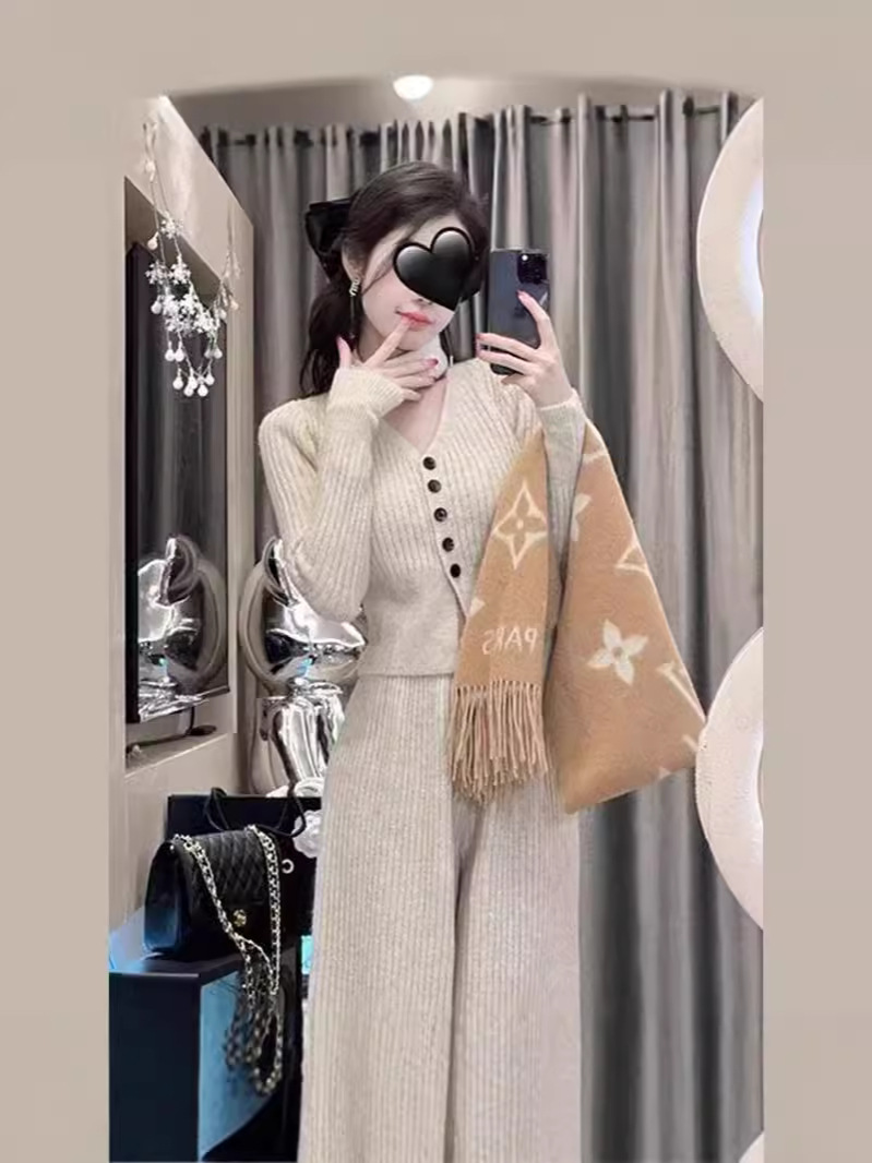Casual Versatile Sweater Set for Women 2025 Autumn and Winter V-Neck Cardigan Slimming High-Waisted Knitted Wide-Leg Pants Two-Piece Set
