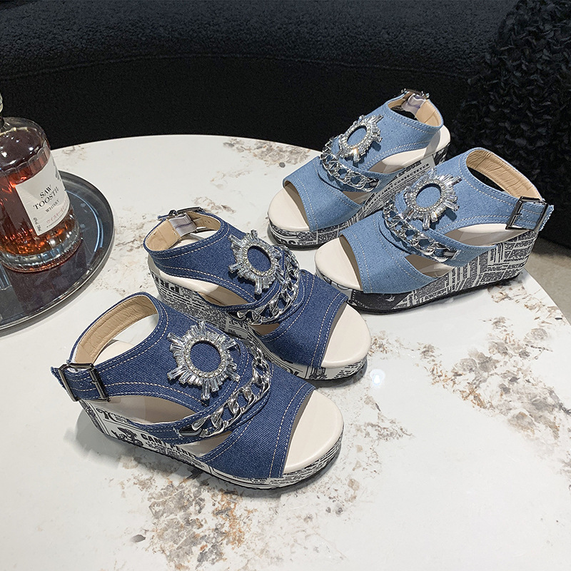 Foreign trade plus size wedge denim round toe peep toe sandals 2023 new fashion comfortable all-match rhinestone high heels