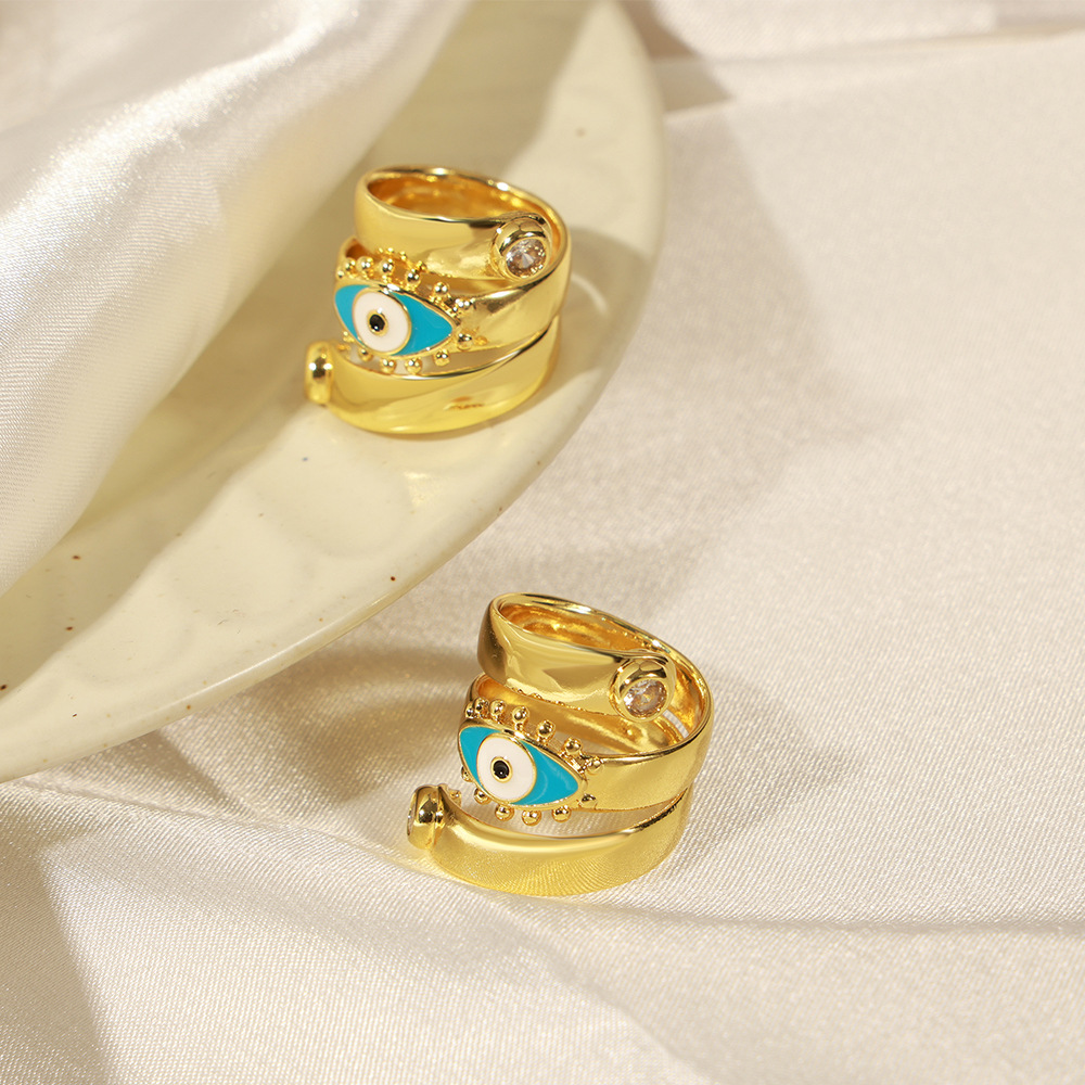 Ins Style Small Many Laminated Wear Wind Devil's Eye Weight Color Glaze Design Sense Inlaid Zircon Copper Material Ring