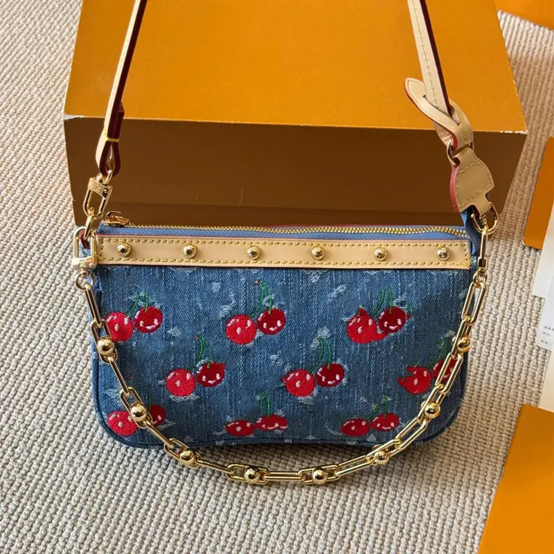 New High-End Armpit Bag Cherry Denim Denim Women's Chain Mahjong Bag Envelope Bag Shoulder Crossbody Handheld Small Bag