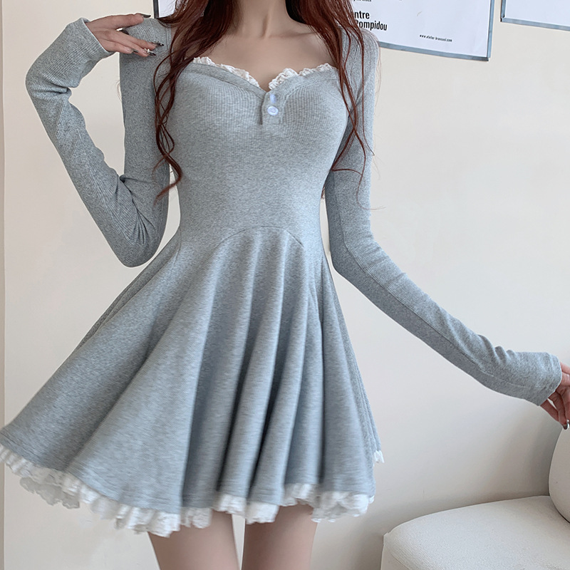 High-end dress long sleeve pure desire mini skirt hip tight waist tight lace low-cut knitted autumn and winter New