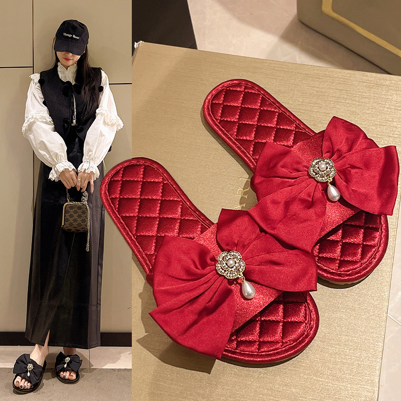 Spring and Summer French Sweet Bow Satin Bride Bridesmaid One-word Sandals Home Dress Morning Gown Non-slip Household Slippers