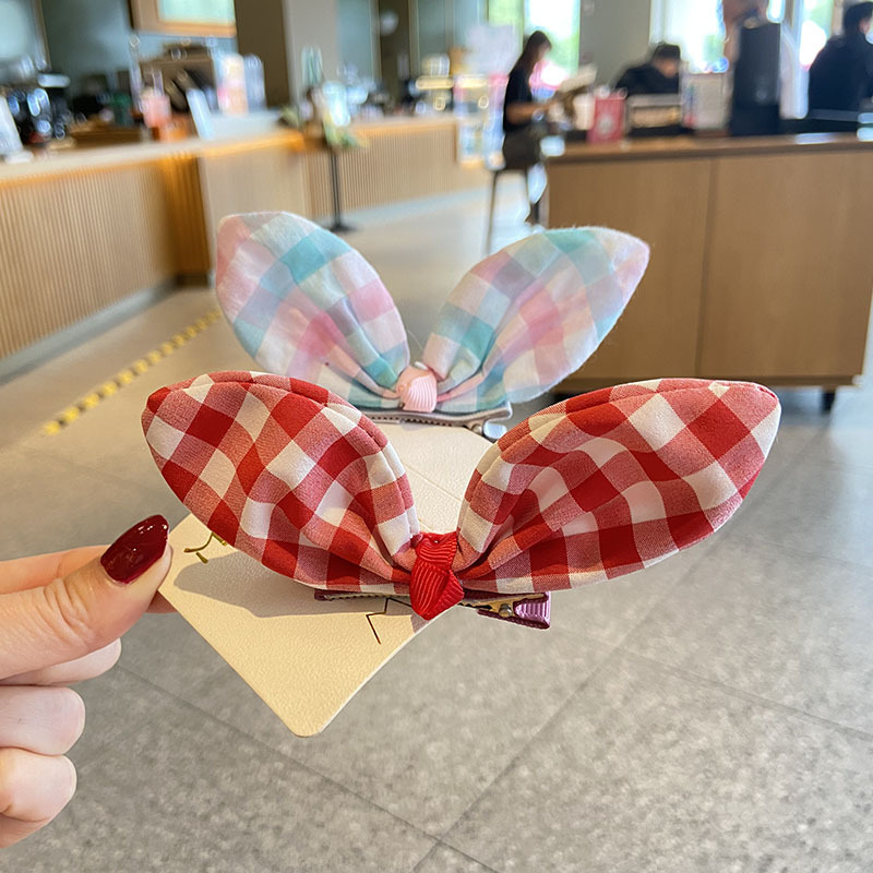 South Korea hair accessories girls' hairpin Plaid rabbit ears hairpin princess pink bow top clip baby sweet head accessories