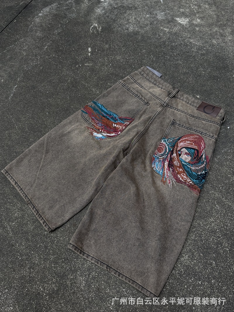 Derschutze denim蒙面女神刺绣jorts复古街头宽松阔腿牛仔7分短裤