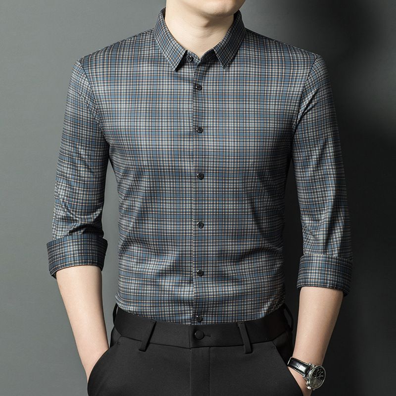 Men's Long-Sleeved Shirt, Autumn Ice Silk Seamless Lapel Trendy Plaid Top, Business Fashion Shirt