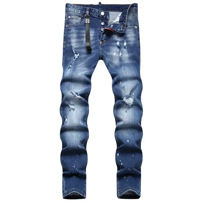 Fashion Fall and winter New arrival Tattered Splashed Paint Men silm Hole Elastic D2 Black Denim Tight Beggar Pants Trendy